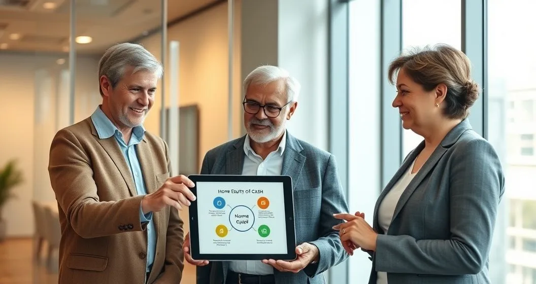Senior couple consulting with a financial advisor who points to a tablet showing a schematic of home equity conversion in a modern office.