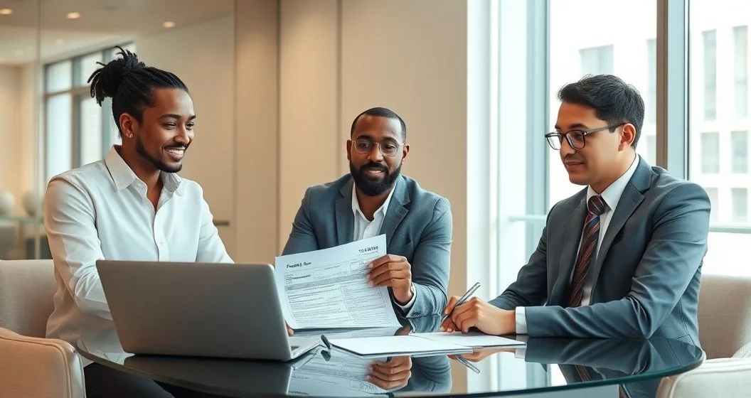 Tax advisor and clients examining a Form 1040-X and refund statement in a modern office