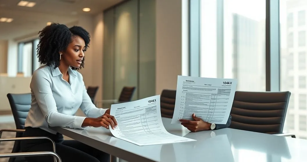 Tax professional pointing to an amended return labeled 1040 X on a conference table while a client listens, original 1040 visible nearby