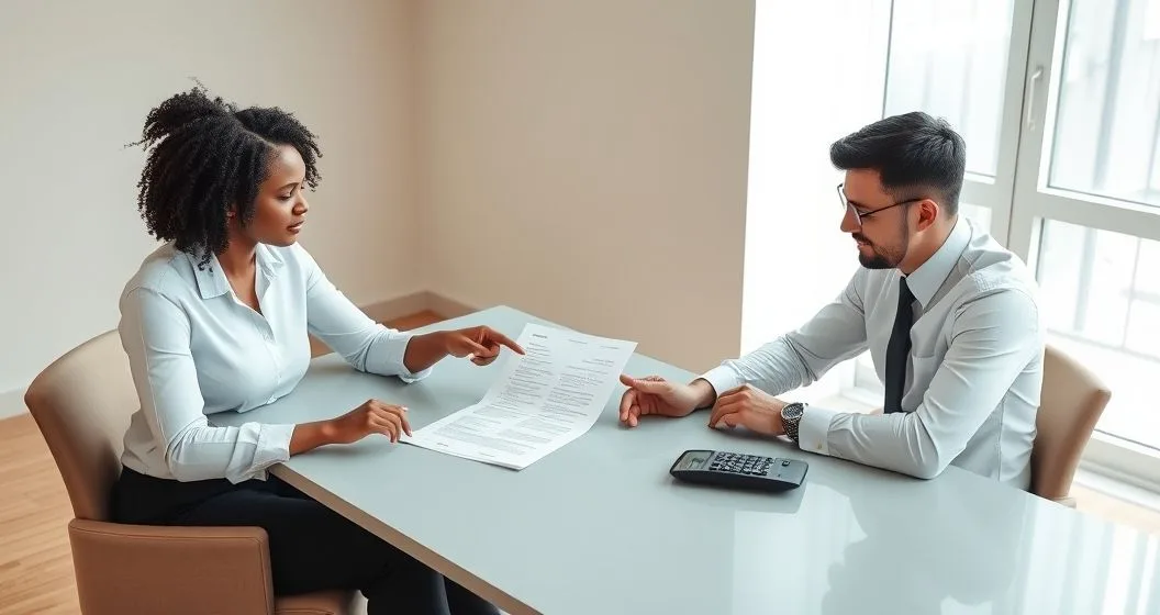 Loan officer and borrower reviewing a printed loan commitment letter at a conference table with a laptop and notepad