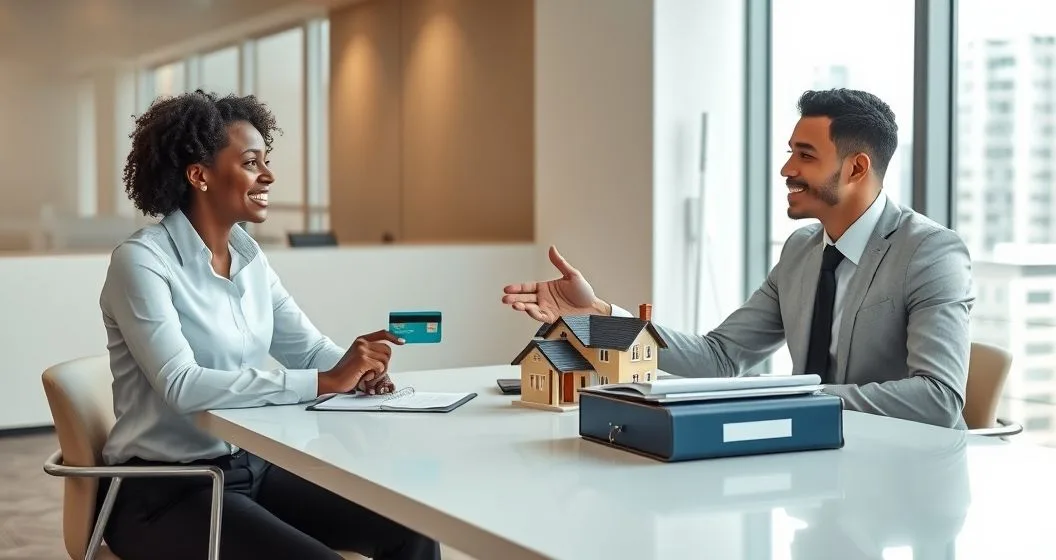 Financial advisor explains difference between a credit card and a loan binder with house model and car key to a client at a conference table