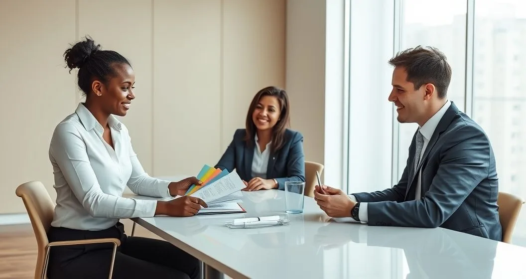 Insurance agent attaching colored add on cards and clear tabs to a base insurance policy booklet while explaining options to a diverse couple in a modern office.