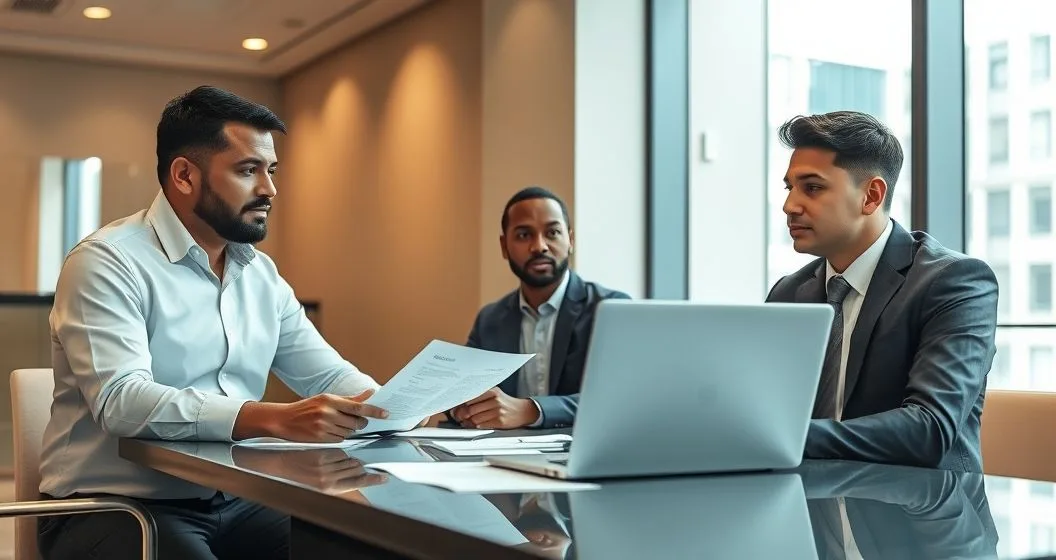 Bank officer explains account freeze to a customer and legal advisor in a modern meeting room with a laptop showing a lock symbol