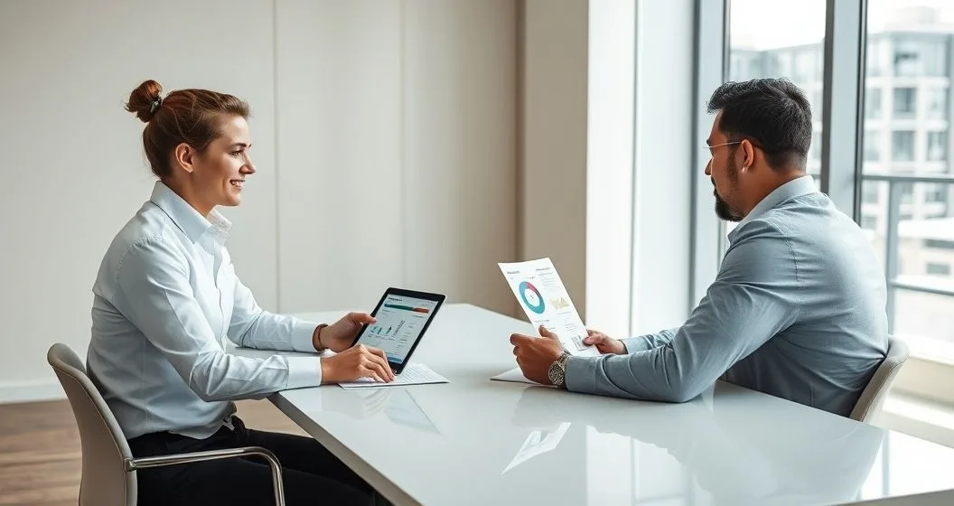 Loan officer and small business owner reviewing a tablet with color coded risk tiers and pricing charts on a minimalist conference table in a modern office