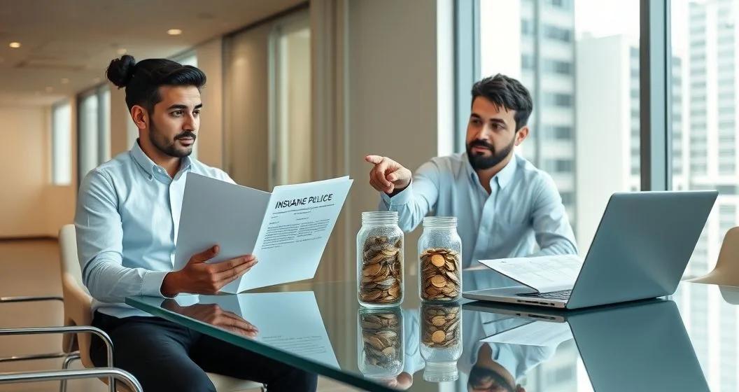 Two financial professionals at a glass conference table comparing an insurance policy folder and a jar of reserves while discussing options