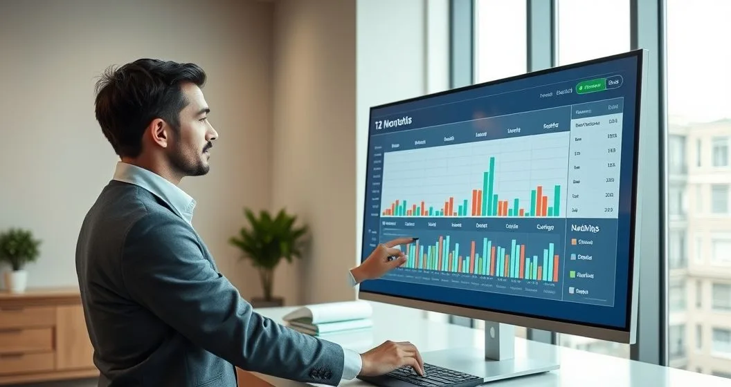 Two finance professionals adjusting a 12 month rolling budget on a touchscreen monitor in a modern office