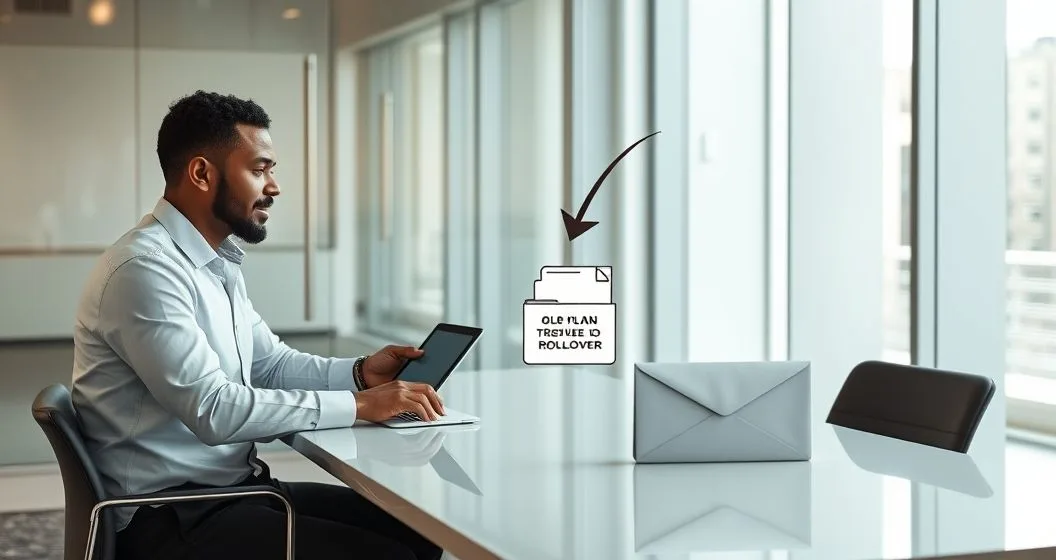 Financial advisor and client reviewing a tablet showing a file transfer from an Old Plan folder to an IRA folder with a withheld envelope nearby in a modern office