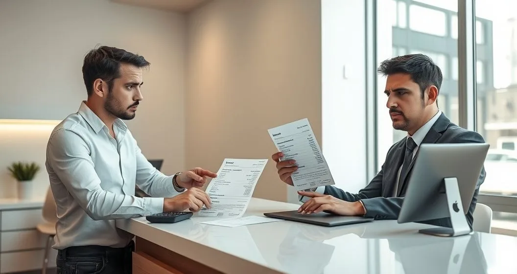 Borrower and loan clerk at a counter reviewing a loan statement and calculator illustrating added fees and extended repayment