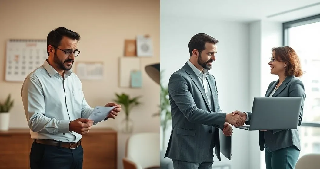Split scene in a modern office showing an advisor giving a paper check to a concerned client beside a blurred calendar on one side and two trustees completing a laptop based direct transfer with a handshake on the other side
