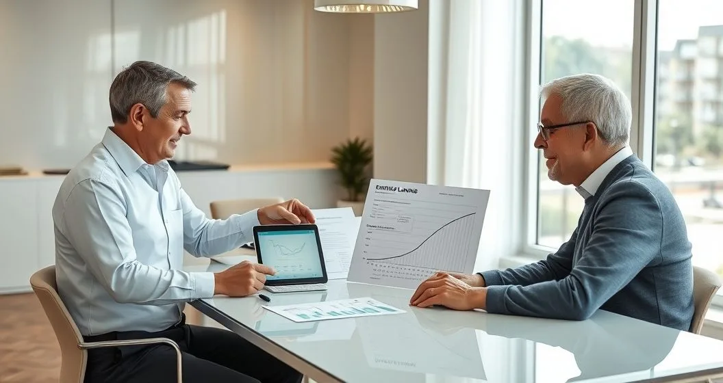 Financial advisor with a retired couple reviewing a Roth conversion timeline and projected Medicare premiums on a tablet and printed charts in a modern office