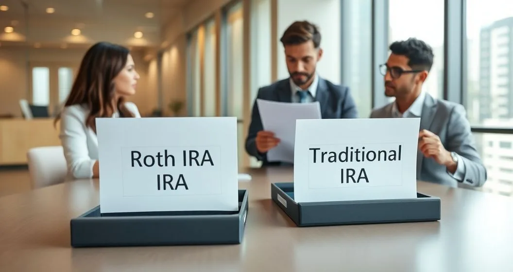 Two folders labeled Roth IRA and Traditional IRA on a conference table as a financial advisor points to a comparison sheet and a client takes notes