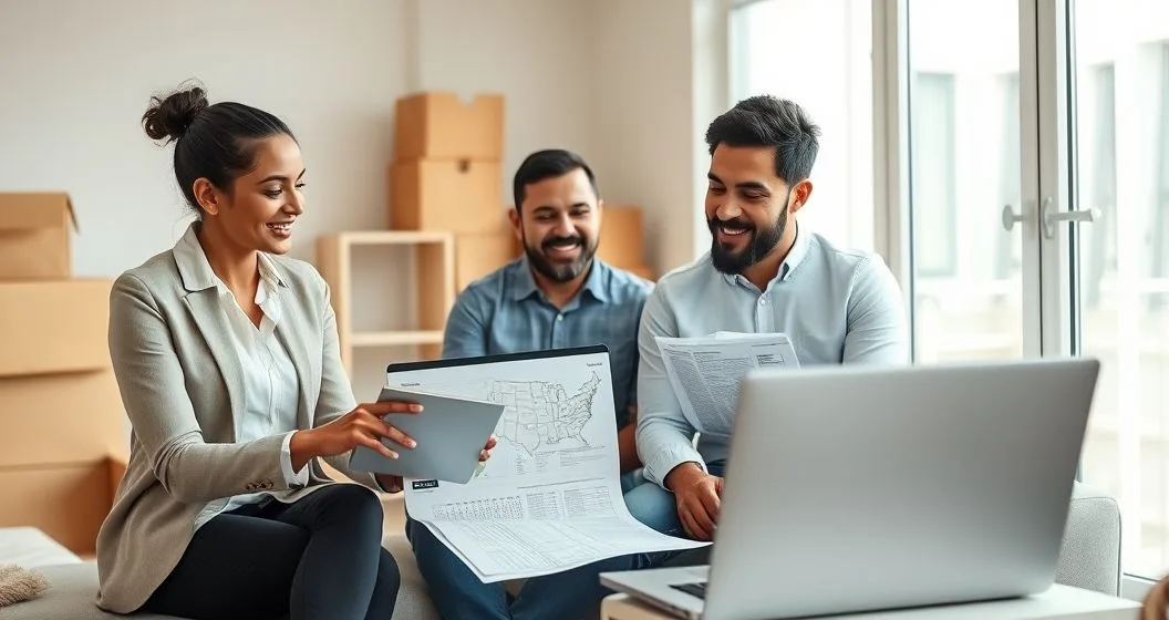 Financial advisor with a diverse couple in a modern home office reviewing a tablet map and tax documents with moving boxes in the background
