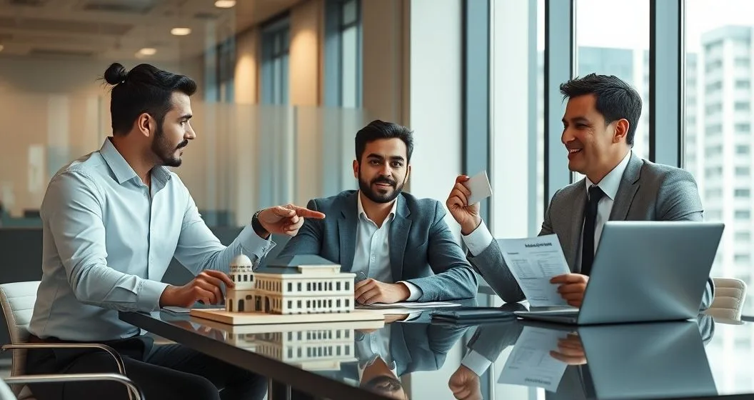 Entrepreneur between two loan advisors comparing a building and equipment model with a cash envelope and laptop in a modern office