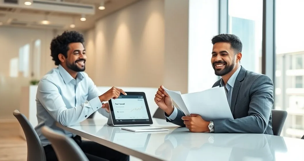 Small business owner and lender at a modern office table reviewing a tablet with a fast approval timeline while holding loan documents.