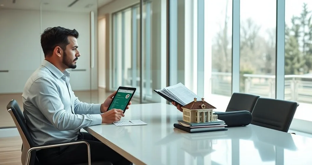 Small business owner meets two loan officers in a modern conference room one shows a tablet with a simple application and stopwatch icon the other offers a thick file and a small bank model illustrating speed versus personalized terms