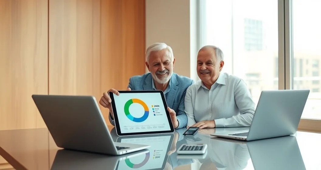 Financial advisor and retired couple looking at a tablet displaying a circular withdrawal gauge and a thirty year timeline in a modern office