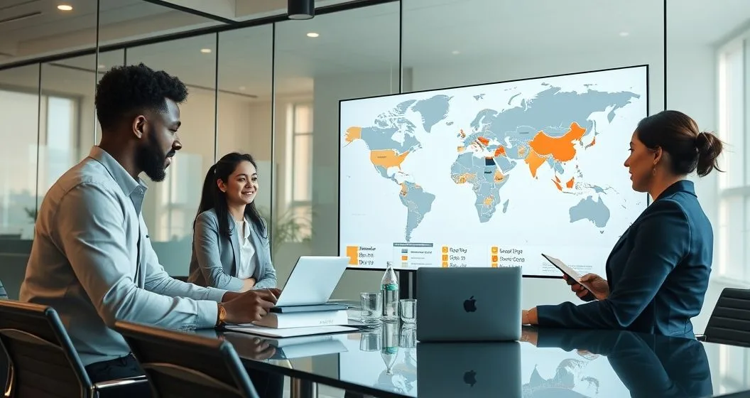 Professionals in a conference room reviewing a tax compliance dashboard showing a world map of jurisdictions and subscription billing data