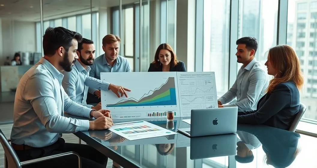 Diverse financial team in a glass boardroom reviewing multiple color coded scenario charts and a tablet with layered graphs as they point and discuss risk and allocation
