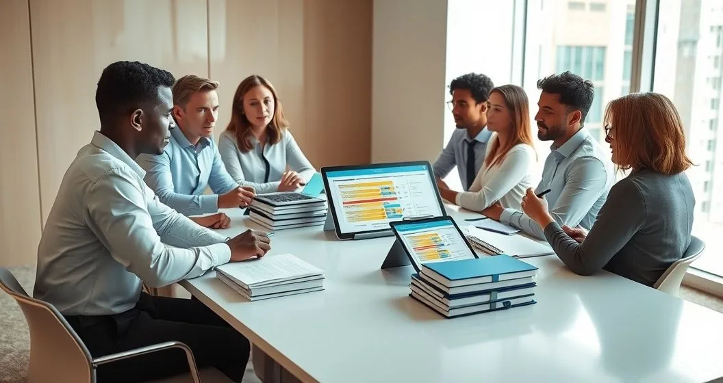 Diverse reviewers at a conference table reviewing scholarship applications and color coded scoring materials