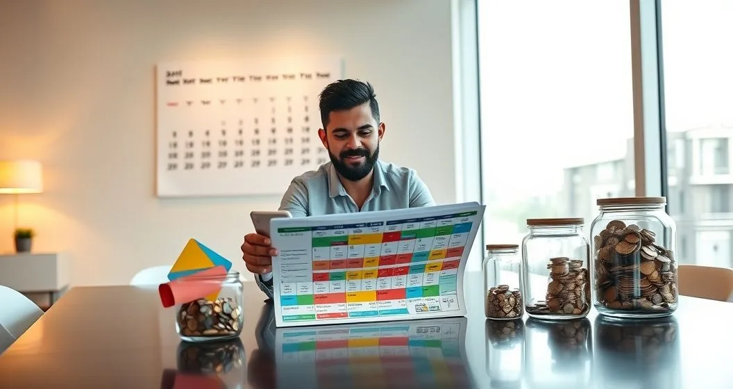 Two diverse professionals in a modern office review a color coded annual calendar and place envelopes and jars representing seasonal savings for holidays taxes and annual expenses.