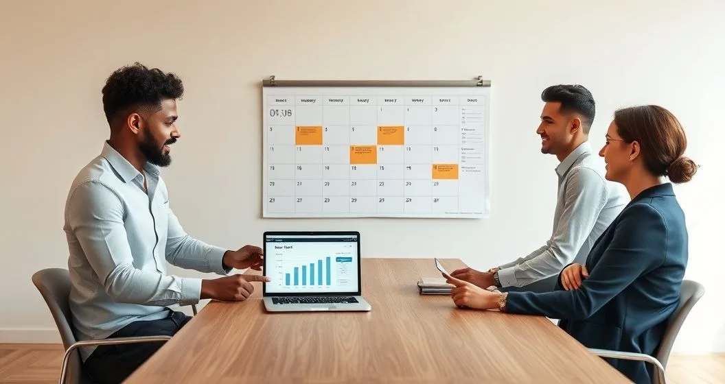 Financial advisor and two clients at a minimalist conference table reviewing a wall calendar with highlighted high cost months and a laptop showing monthly savings allocations