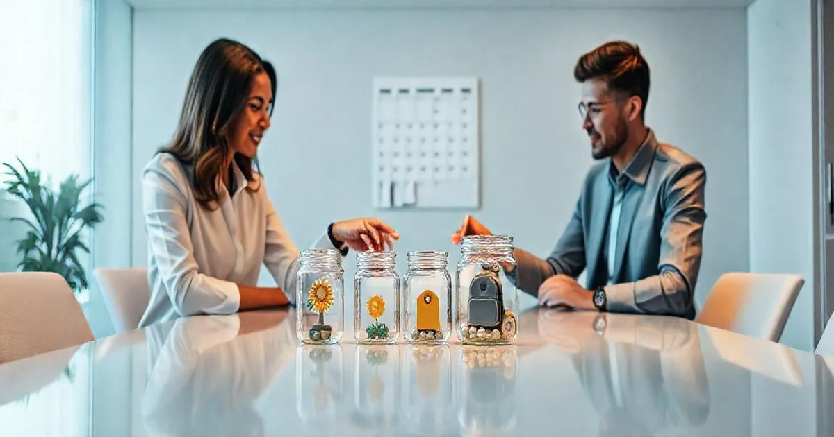 Advisor and client placing coins into jars marked with icons for holiday summer and back to school while referencing a calendar