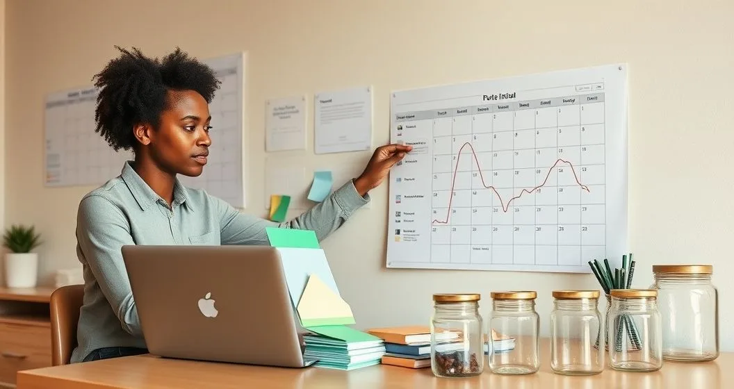 A part time worker and advisor at a minimalist home office table reviewing a seasonal income graph on a laptop and arranging color coded envelopes and clear savings jars while pointing at a wall calendar
