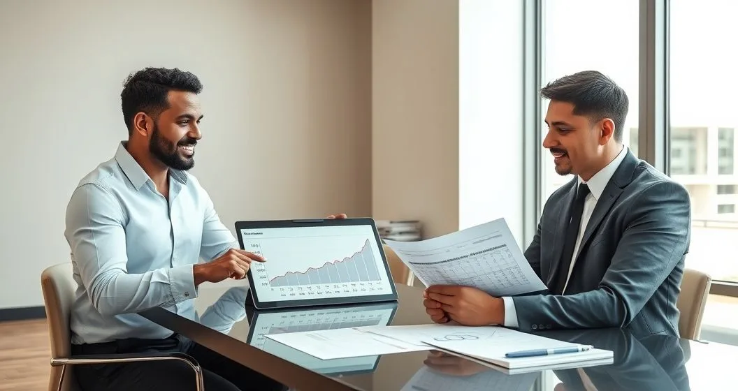 A small business owner and loan officer review a tablet showing seasonal revenue peaks and a calendar during a meeting in a modern bank office