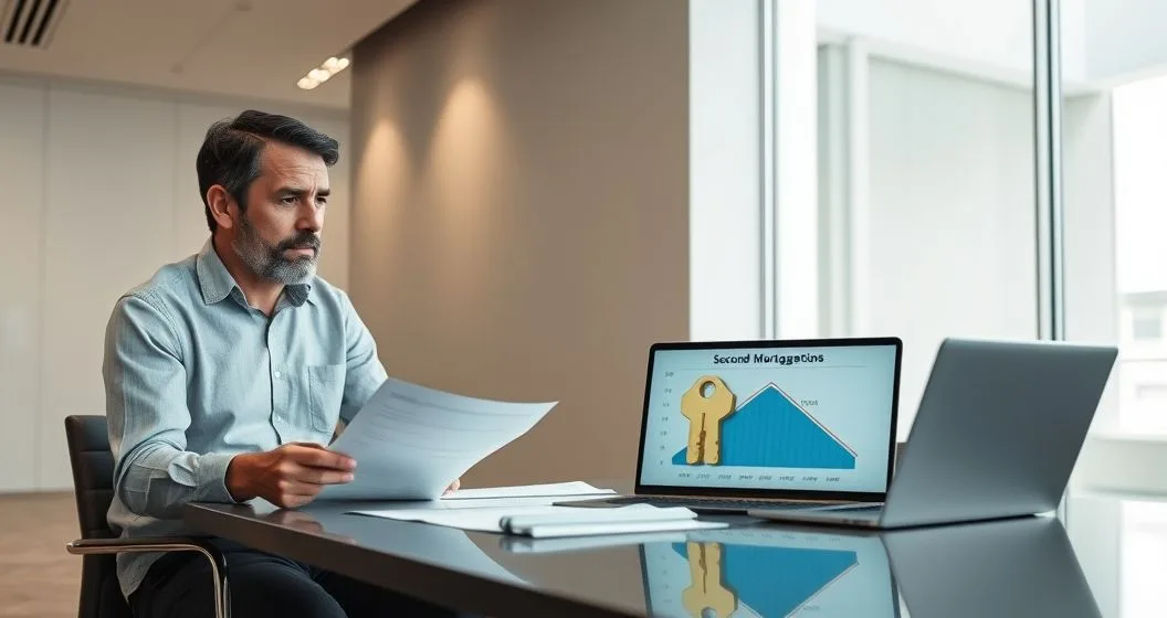 Homeowner and mortgage advisor review loan papers with a laptop showing a falling equity chart and two house keys symbolizing a second mortgage