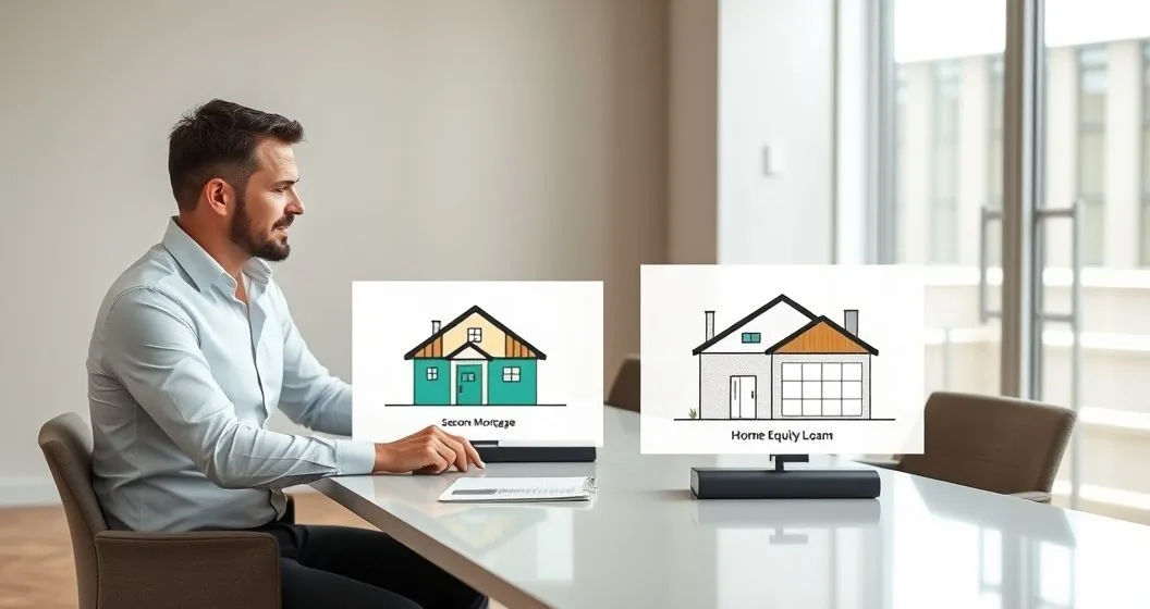 Advisor explaining two diagrams on a tablet comparing second mortgage layered liens and home equity loan lump sum with clipboard and calendar