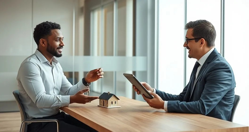Client with two advisors one showing car key and house model for secured loans and the other showing a tablet with a credit gauge for unsecured loans in a modern conference room