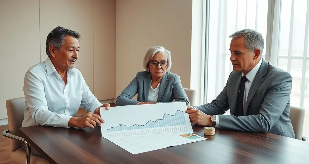 Financial advisor and retired couple reviewing a timeline chart that shows early portfolio declines and later recovery with a small stack of cash representing withdrawals