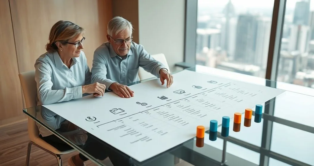 Financial advisor and retired couple arranging tokens on a timeline chart that maps premiums copays prescriptions and long term care across retirement years