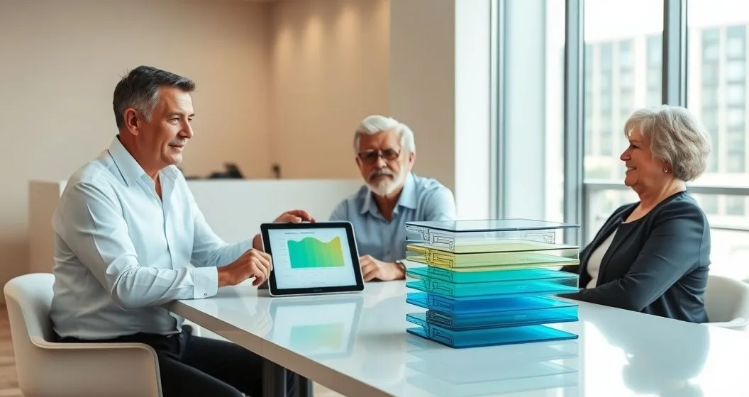 Financial advisor pointing at a tablet showing a color coded withdrawal timeline beside three stacked translucent account folders representing different account types while a retired couple listens in a modern office