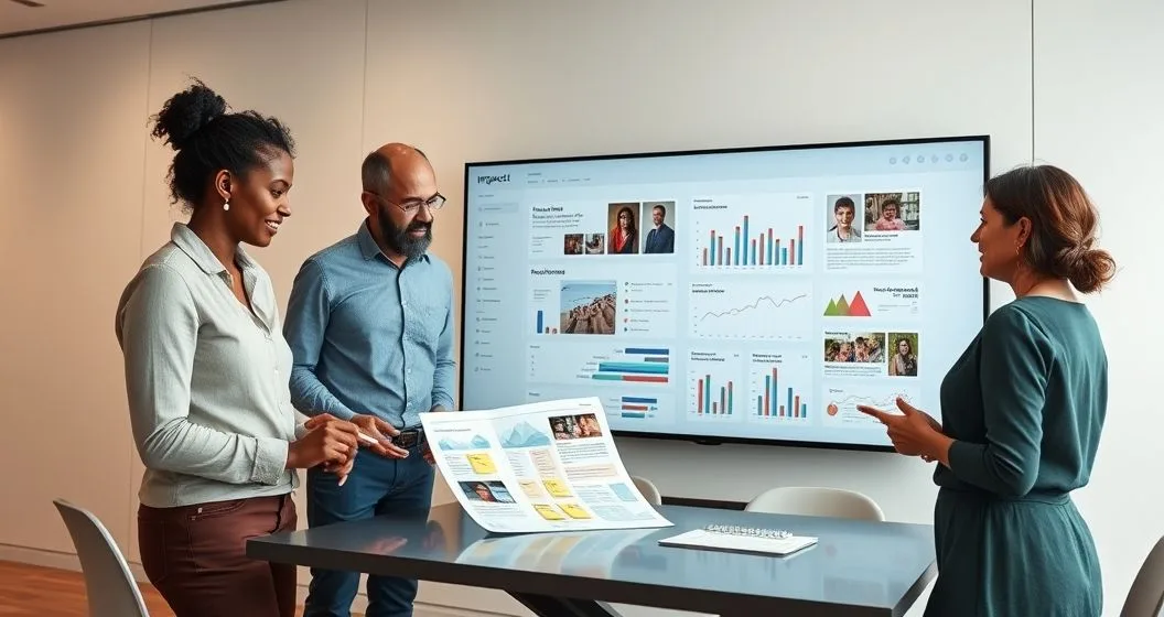 Family and evaluator reviewing an impact dashboard and report in a modern meeting room
