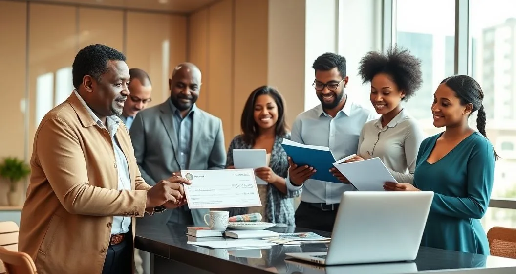 Community leaders sign a scholarship agreement and hand a check to a student while reviewing application folders in a nonprofit conference room.