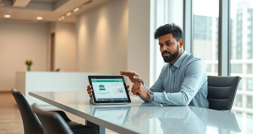 Tax professional guiding a client as they authorize automatic monthly bank withdrawals on a tablet in a modern office