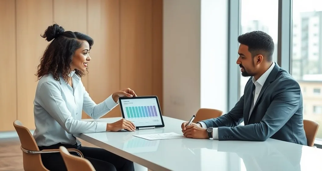 Tax advisor points to a tablet with a monthly payment timeline as a diverse client reviews and signs a payment plan in a modern office