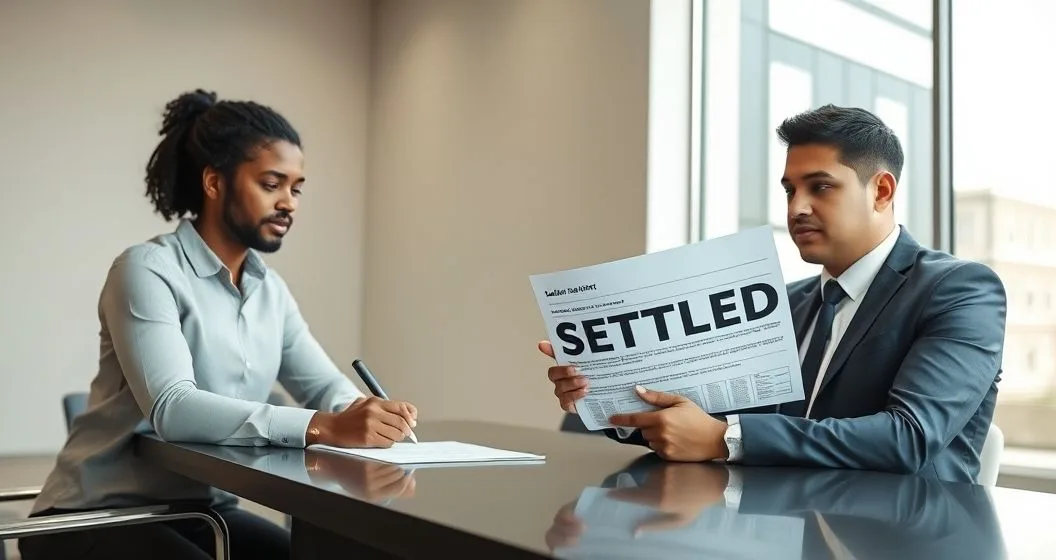 A borrower signs a settlement agreement as a lender representative pushes a printed credit report stamped SETTLED across a clean conference table in a modern office