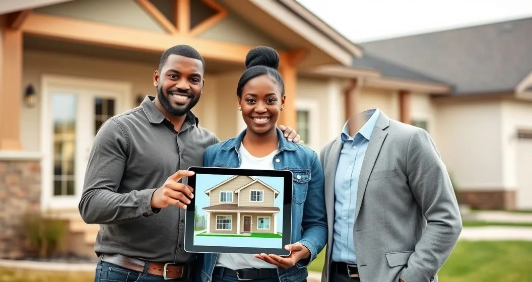Homebuyers and housing counselor reviewing a split house model on a tablet outside a modern home to illustrate shared equity