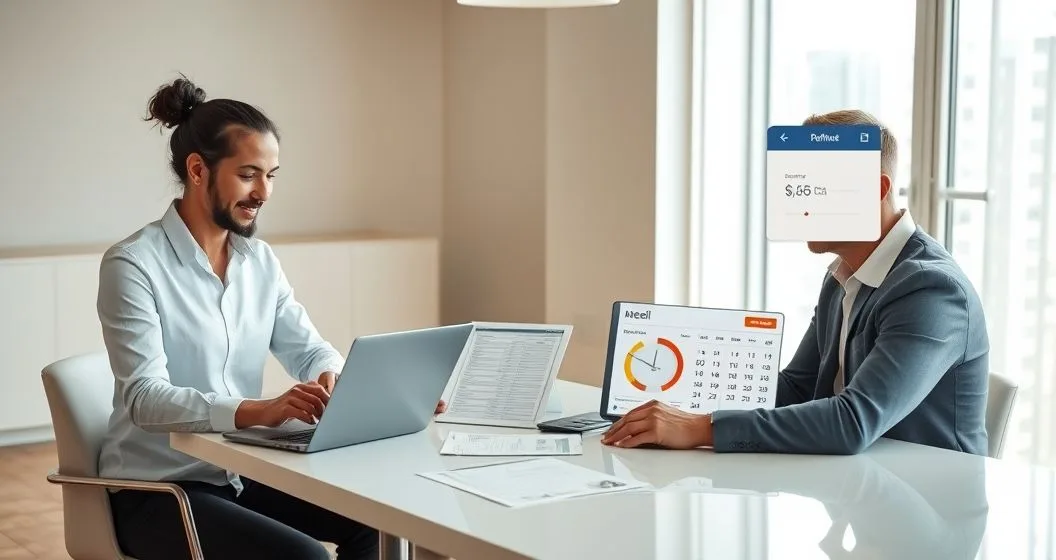 Mortgage advisor and diverse couple compare refinance offers on a laptop and tablet with a calendar highlighting a short shopping window and a credit score gauge