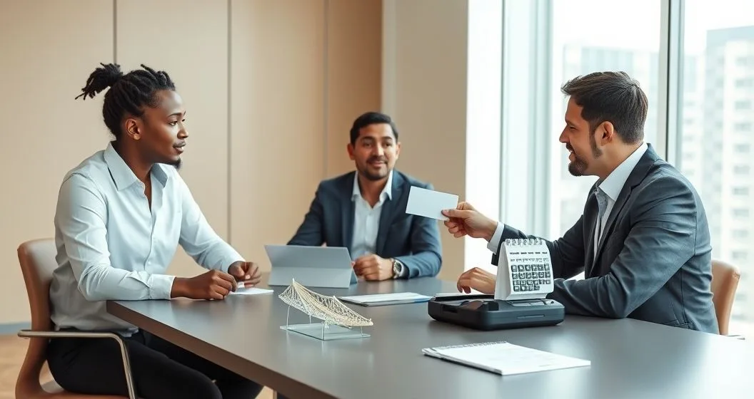Financial advisor explaining bridge loan term loan and merchant cash advance to three business owners using a bridge model calendar and card reader on a conference table