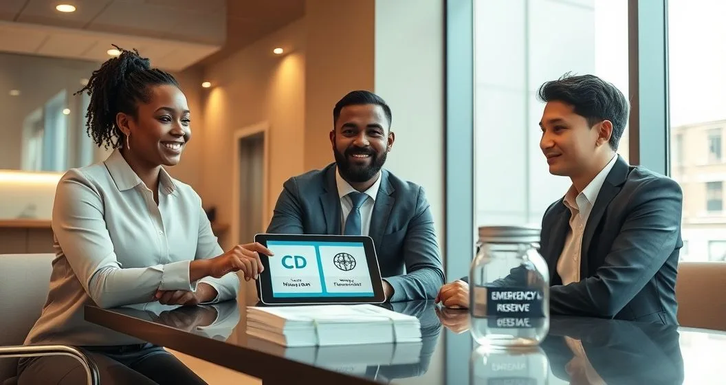 Financial advisor and two clients at a modern conference table reviewing a tablet with CD and Money Market icons plus a small jar labeled Emergency Reserve and certificate style slips.