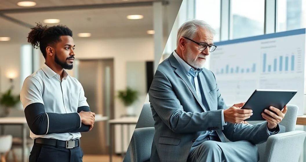 Split office scene showing a young employee with an arm sling consulting HR about short term disability on the left and an older professional meeting a benefits advisor with a tablet timeline for long term disability on the right.
