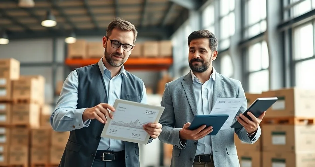 Small business owner consulting a lender at a minimalist table in a warehouse office with unbranded inventory boxes as the lender points to a tablet showing abstract financing charts