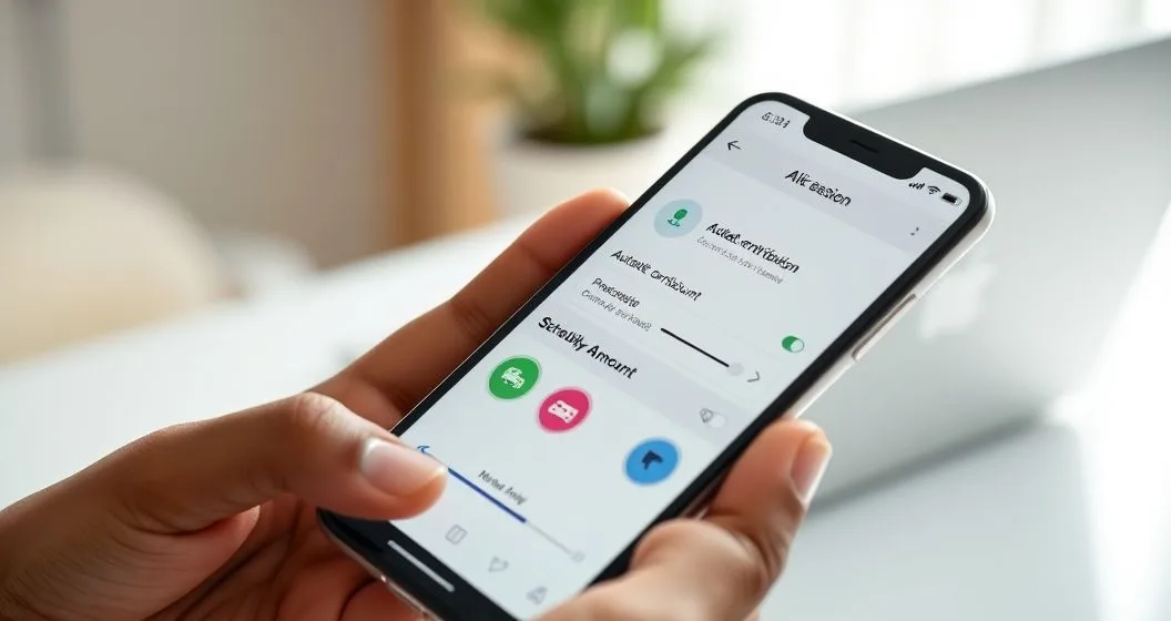 Smartphone banking app showing three goal buckets with plane car and paint roller icons progress rings and an automate toggle being tapped by a diverse professional in a minimalist office