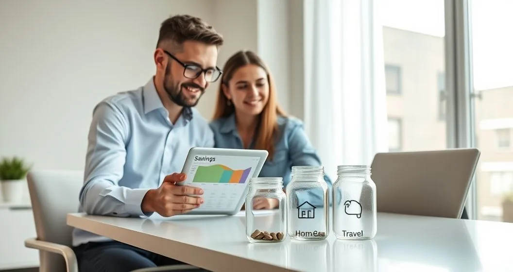Financial advisor shows a couple a tablet with segmented savings buckets as glass jars with goal icons sit on the desk