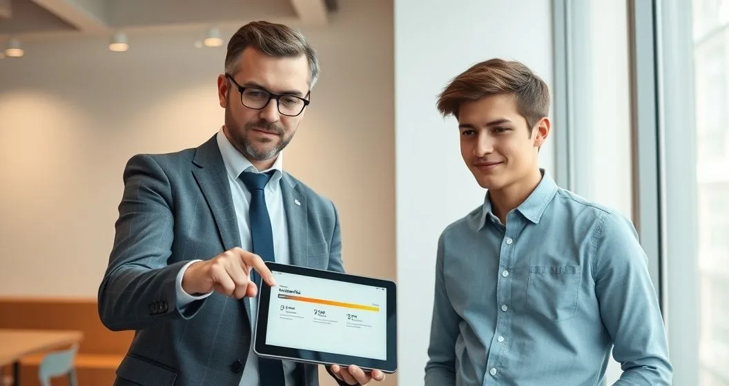 Benefits advisor points to a tablet showing a short highlighted timeline and faded icons while a young adult listens across a minimalist conference table conveying temporary limited coverage.