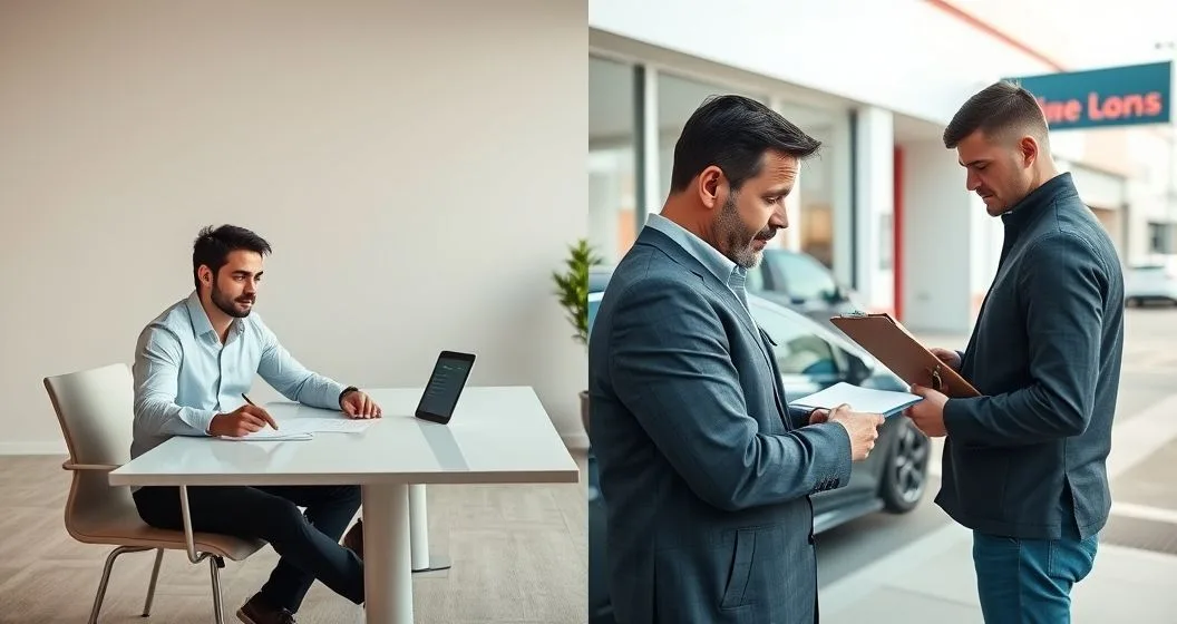 Side by side comparison showing a financial advisor explaining an installment payment schedule to a relaxed borrower in an office and a concerned driver handing car keys and a title folder to a loan officer outside a vehicle lending storefront