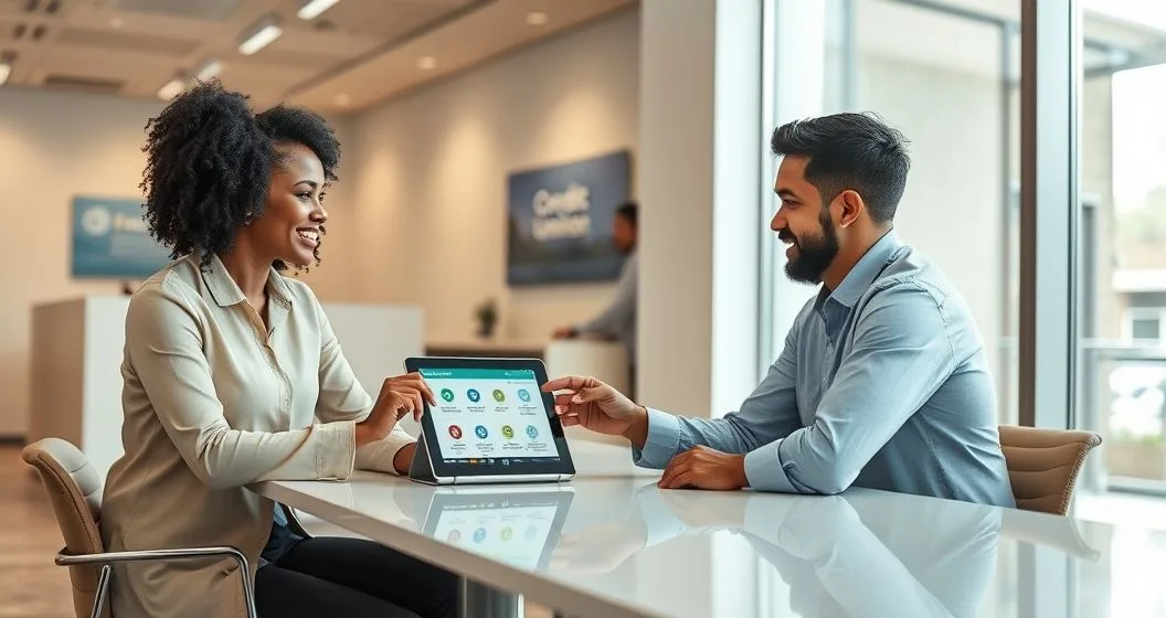 Financial counselor showing a client tablet with icons for small loans and alternatives in a modern credit union setting